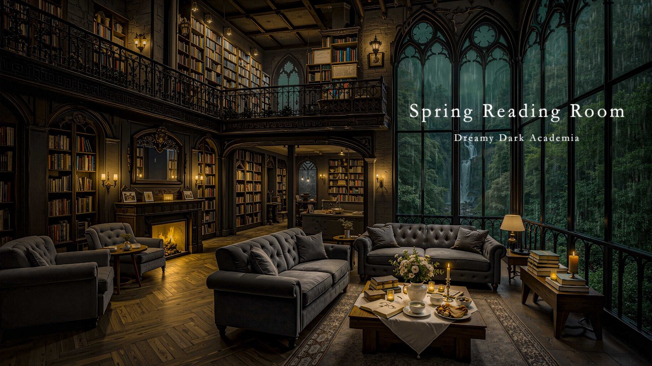 Gothic Reading Room in the Spring Rain Library 🌳 Dark Academia Piano Ambience for Study & Deep Focus