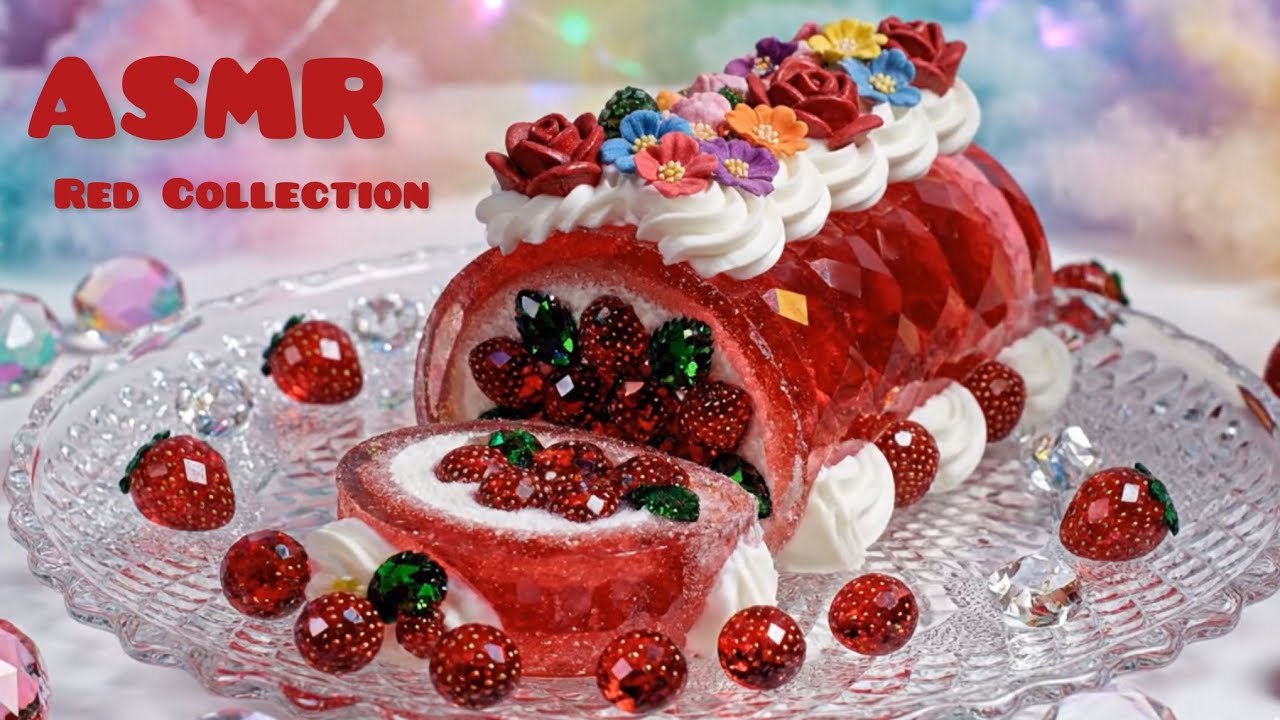 【❤️レッドコレクションASMR】宝石のように輝く赤のクリスタルスイーツ 💎 カット・すくう心地よい音