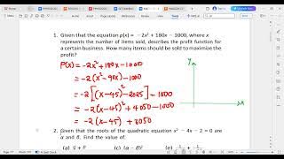 Tutorial sheet 3|| Quadratic functions