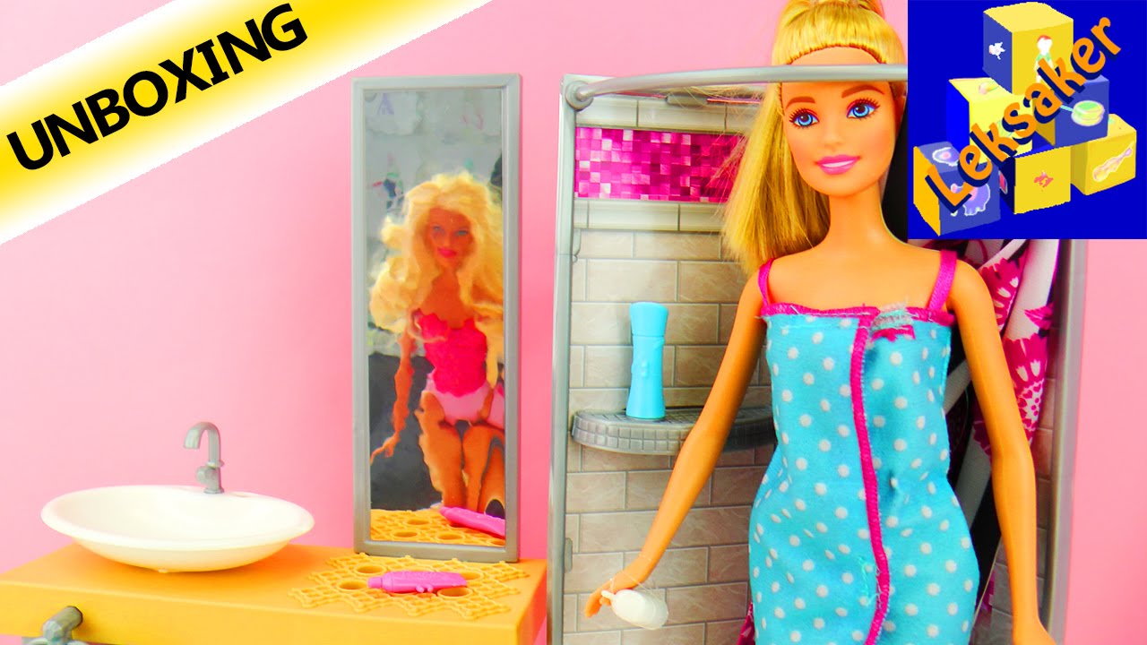 Barbie deluxe badrum med dusch, handfat och spegel youtube