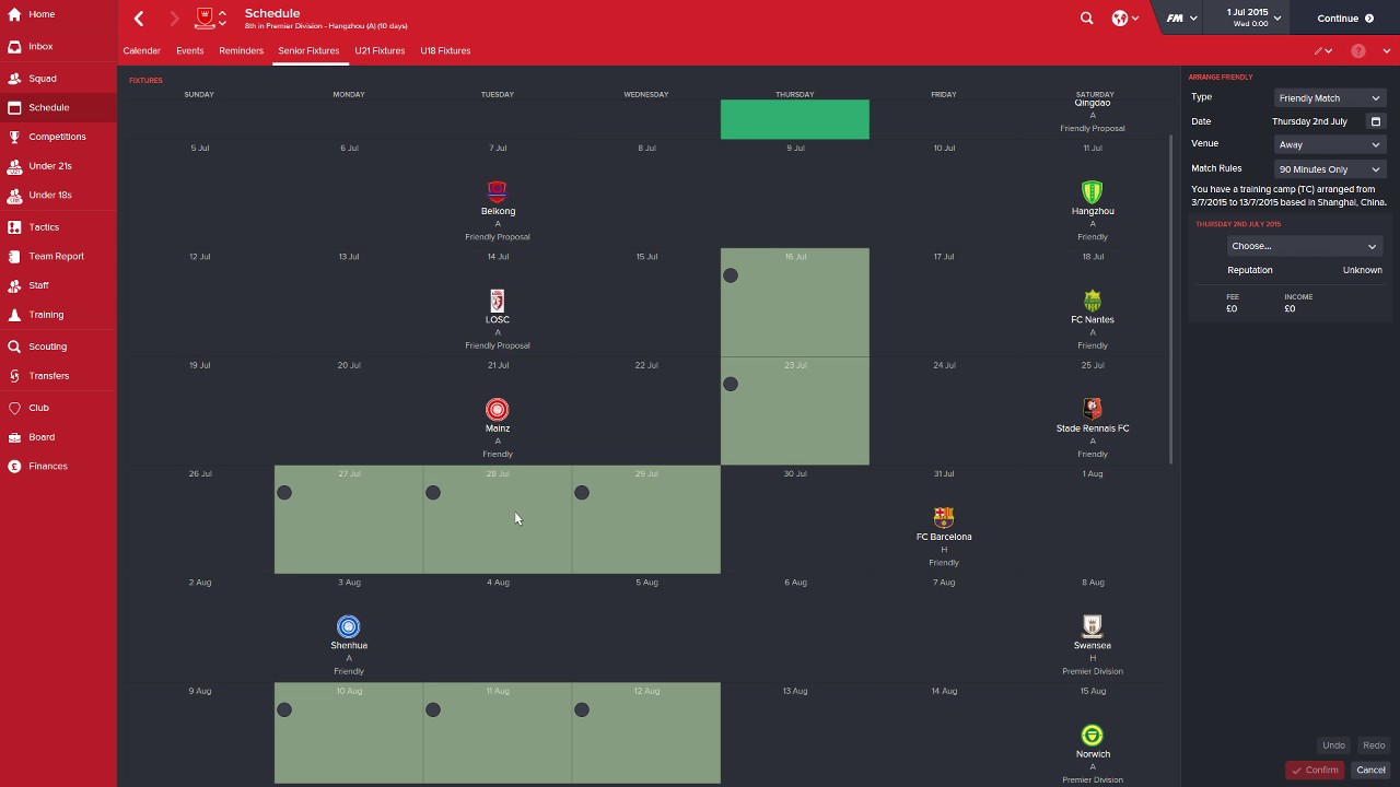 FM16 team training and adding pre-season friendly matches