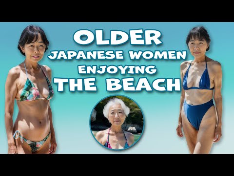 Older Japanese Women Wearing a Bikini and Enjoying a Day at the Beach