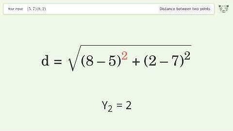 Find the distance between two points p1 (5,7) and p2 (8,2): Step-by-Step Video Solution