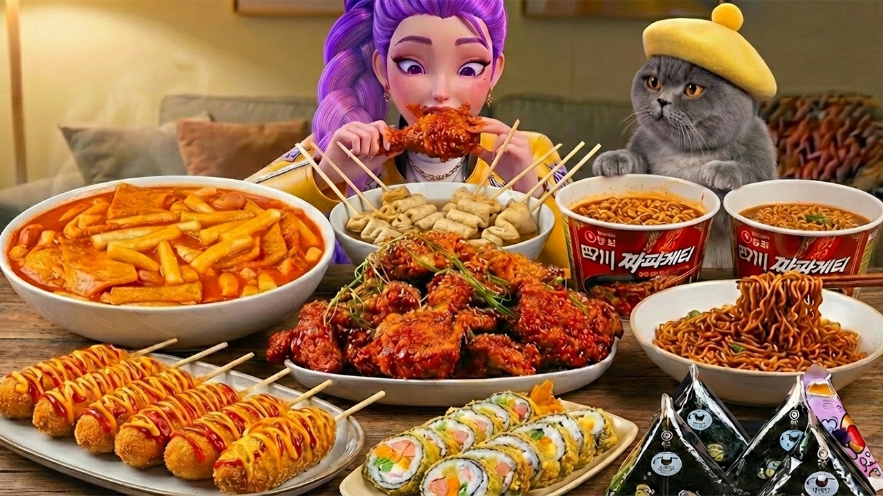 ASMR MUKBANG | Chef Meow Cooking for Rumi After Work | Convenience store, FIRE Noodle, Tteokbokki