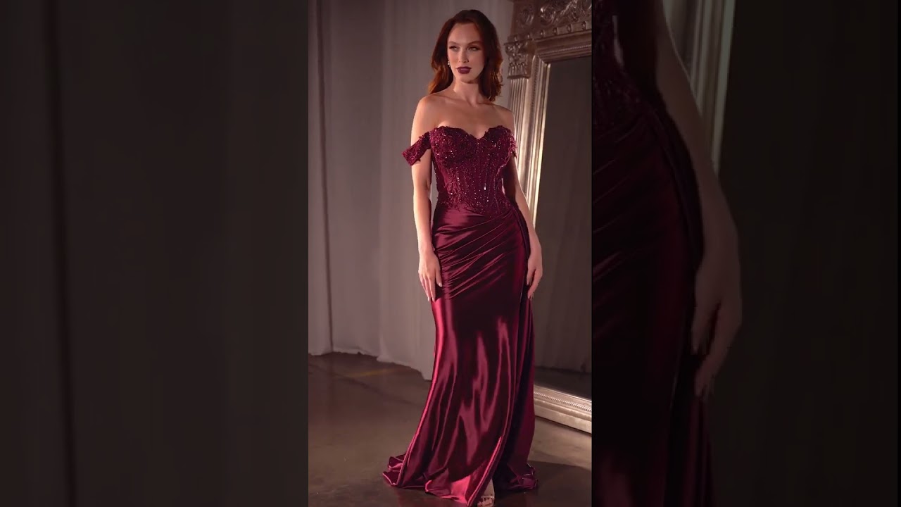 Ladivine CD803 - Long Satin Sheath Dress - Off Shoulder, Corset Boning  Bodice, Lace Appliqued, Sequin, Ruched, Side Sash, High Slit, Sweep Train,  V-Back  Couture Candy