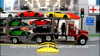 Toy cars and speed bumps,trucks, тракторные прицепы и лежачие полицейские, грузовики, самосвалы