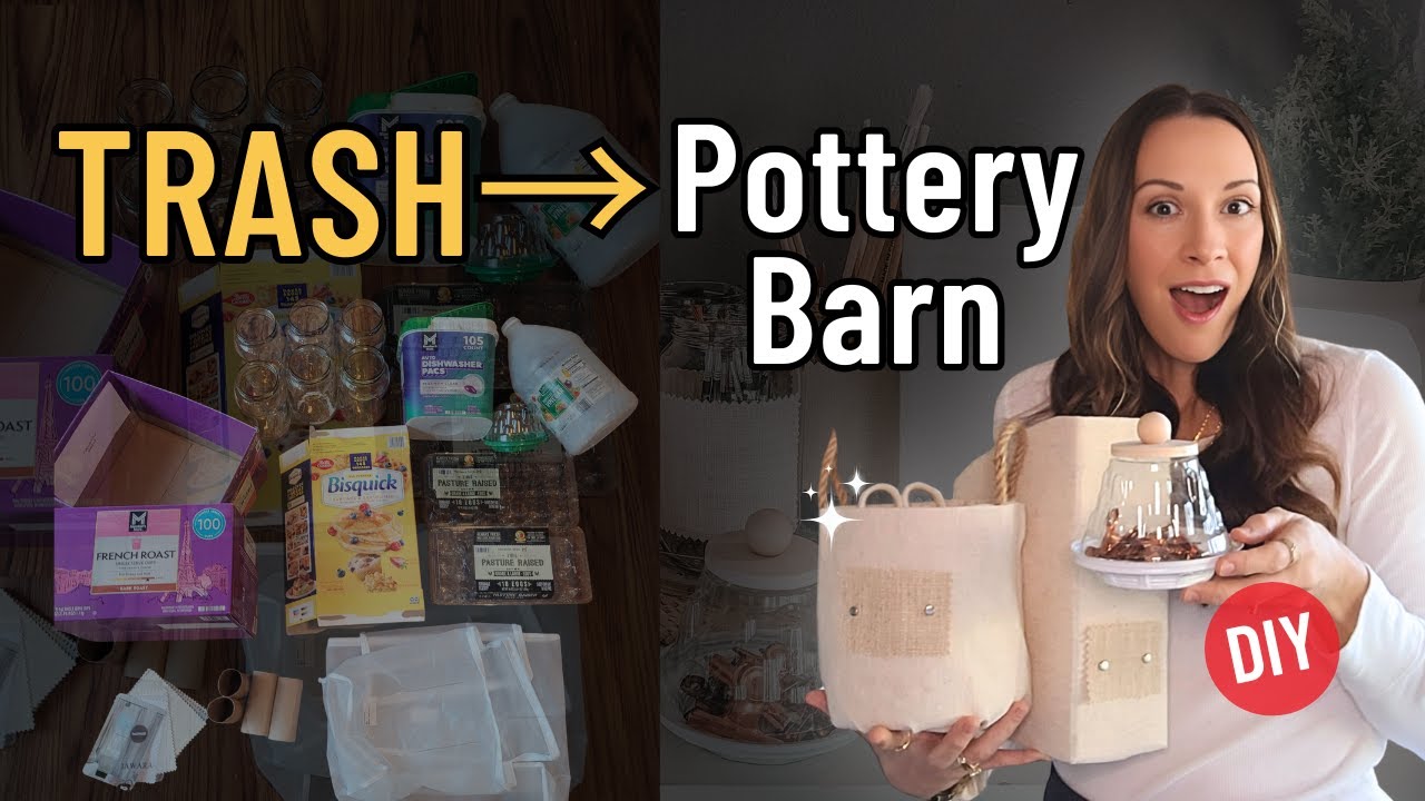 Самодельные контейнеры для хранения из переработанных материалов, вдохновленные стилем Pottery Barn.