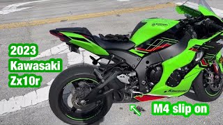 2023 Kawasaki zx10r m4 slip on exhaust review with and without the baffle