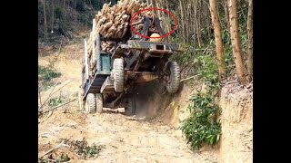 Stressful and dangerous mudcrossing situations of logging trucks