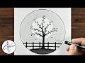 Simple Moonlight Tree Pencil Sketch | Beautiful Tree Scenery Drawing Easy