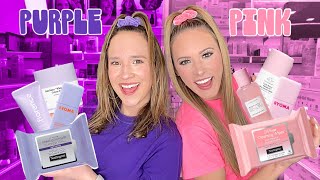 DOING OUR SKINCARE ROUTINE IN ONE COLOR CHALLENGE (PINK 💗 VS PURPLE 💜)