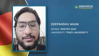 Deepanshu Testimonial Masters In Data Science In Germany Admissiongyan Consultancy Bangalore