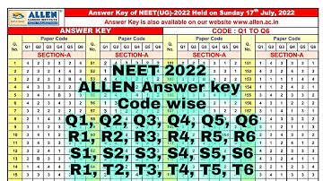 NEET 2022 ALLEN Answer key Code wise #neet #neet2022 #neetanswerkey #allen