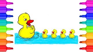 Learn Colors with Ducks Coloring Pages for Kids | Mummy and Baby Ducks Floating On Water Colors 2017