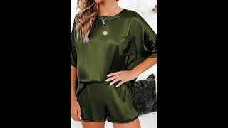 Ekouaer Satin Pajamas for Women Short Sleeve Silk Pajama Sets Soft Sleepwear Top with Causal Pj Shor