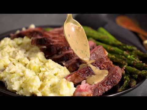 Ribeye with Tarragon Sauce with Roasted Asparagus and Garlic Mashed Potatoes
