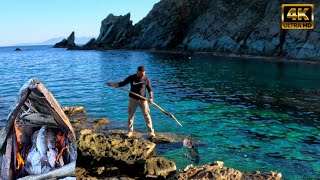 Spearfishing for Food - Winter CAMPING IN GREECE Catch n Cook in stone oven!