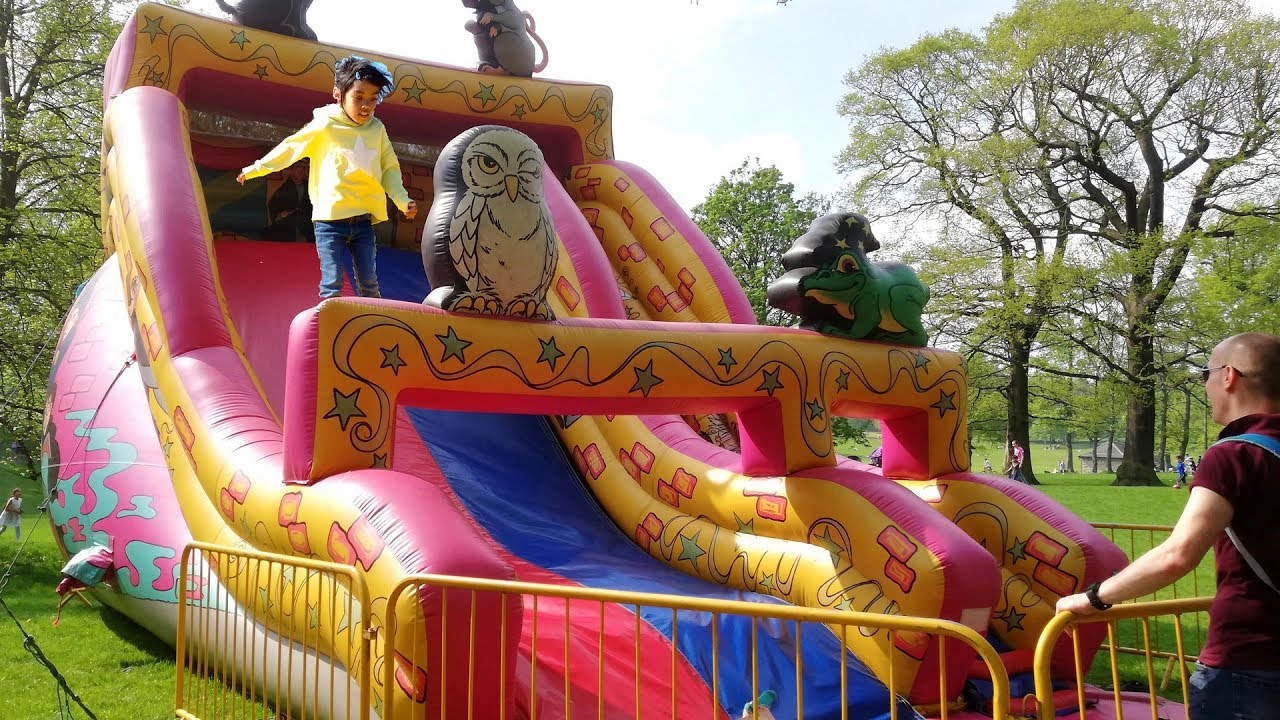 games people play Five Little Monkeys Jumping On The Bed | Little Girl Playing on Huge Pink Bouncy Castle Slide