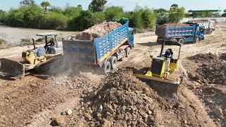 Power Mini Bulldozer D31p VS D41E Race Pushing Clearing Dirt and 15ton Truck, 24Ton Truck Unloading