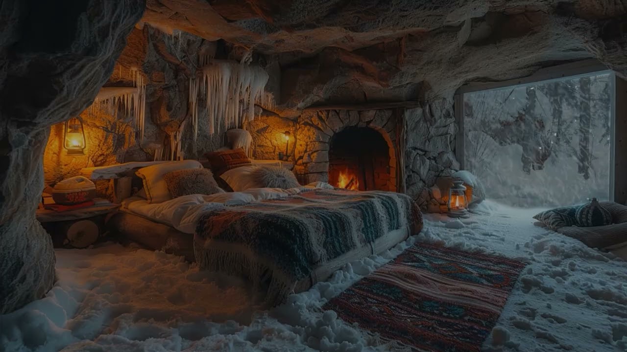 Cozy Cave in a Snowstorm ❄🔥 | Fireplace & Blizzard Ambience for Deep Sleep & Relaxation