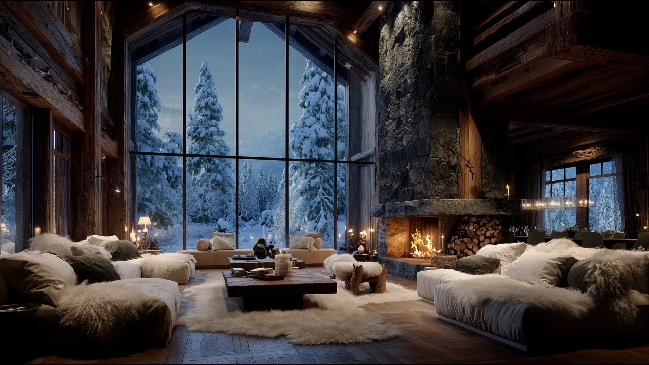 🔥 Modern Mountain Cabin Fireplace | Real Fire Sounds (No Music) | 4K | 3 Hours