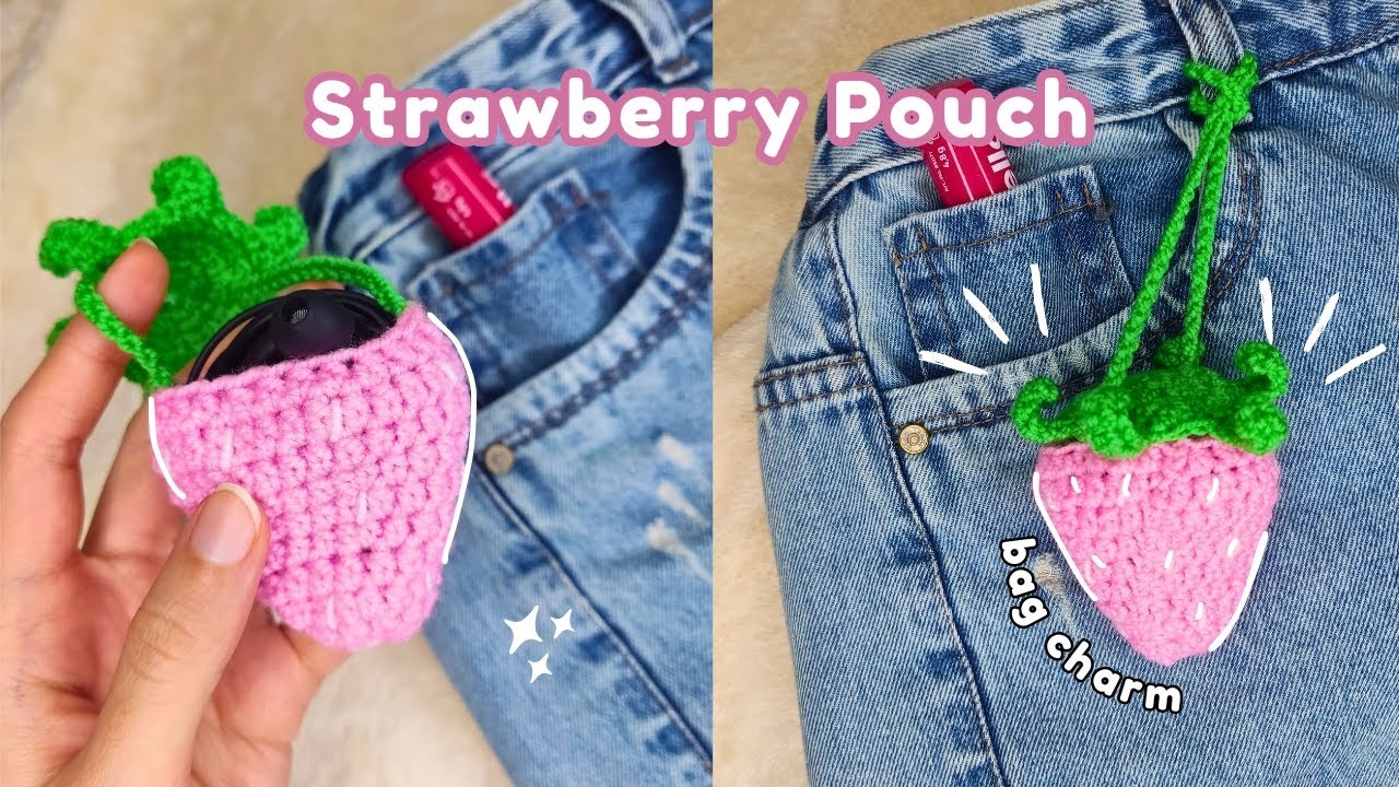 Crochet Cute Strawberry Pouch🍓As A Bag Charm|Beginner Friendly Crochet Tutorial✨