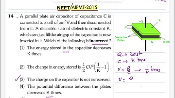 Neet 2015 Q14. A parallel plate air capacitor of capacitance C is connected to a cell of emf V