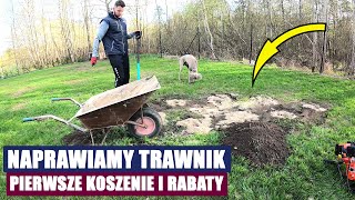 Naprawa młodego trawnika. Pierwsze koszenie. Rabaty przygotowane do nasadzeń.