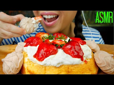 ASMR Strawberry AngelFood Cake ♥ Whipped Cream + Meringue ♥ 먹방 No Talking suellASMR