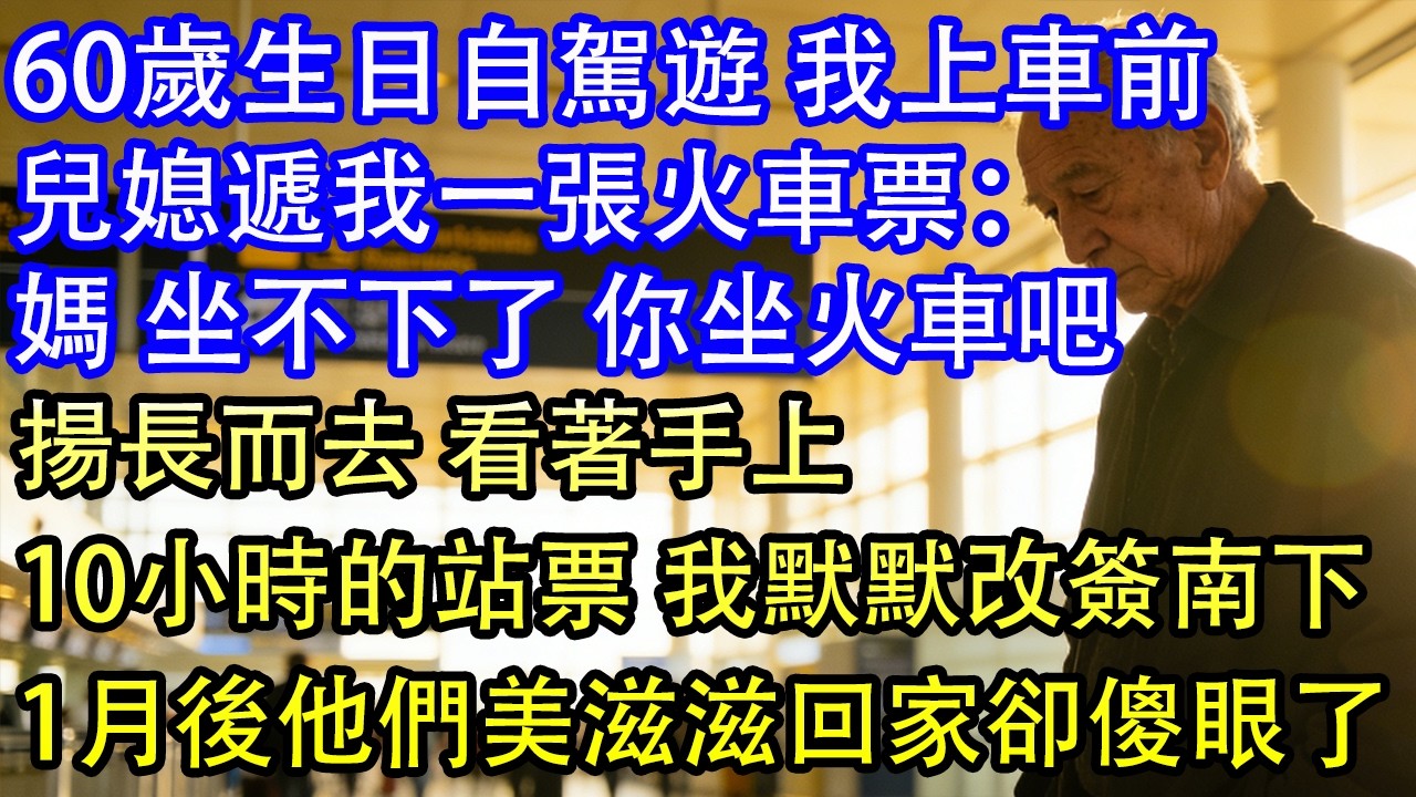 60歲生日自駕遊 我上車前兒媳遞我一張火車票：媽 坐不下了 你坐火車吧揚長而去 看著手上10小時的站票 我默默改簽南下1月後他們美滋滋回家卻傻眼了
