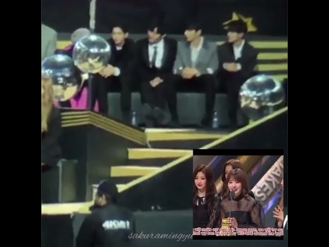 WANNA ONE REACTION TO SAKURA,OF THE LOUD CHEER FROM THE AUDIENCE WHEN STARTED TO SPEECH MAMA HK 2018 class=