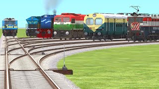6 TRAINS CROSSING ON BUMPY CURVED BRANCHED RAILROAD CROSSING | train simulator 2023