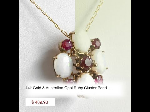 14k Gold & Australian Opal Ruby Cluster Pendant 18" Necklace Artisan Crafted