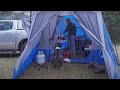 Camping - Rain, Truck, Dog, Napier Sportz SUV Tent, Steak Dinner