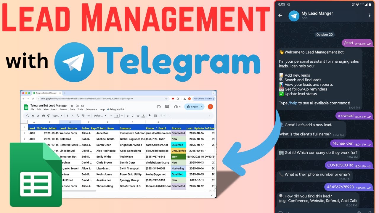 Telegram bot interface showing lead management commands