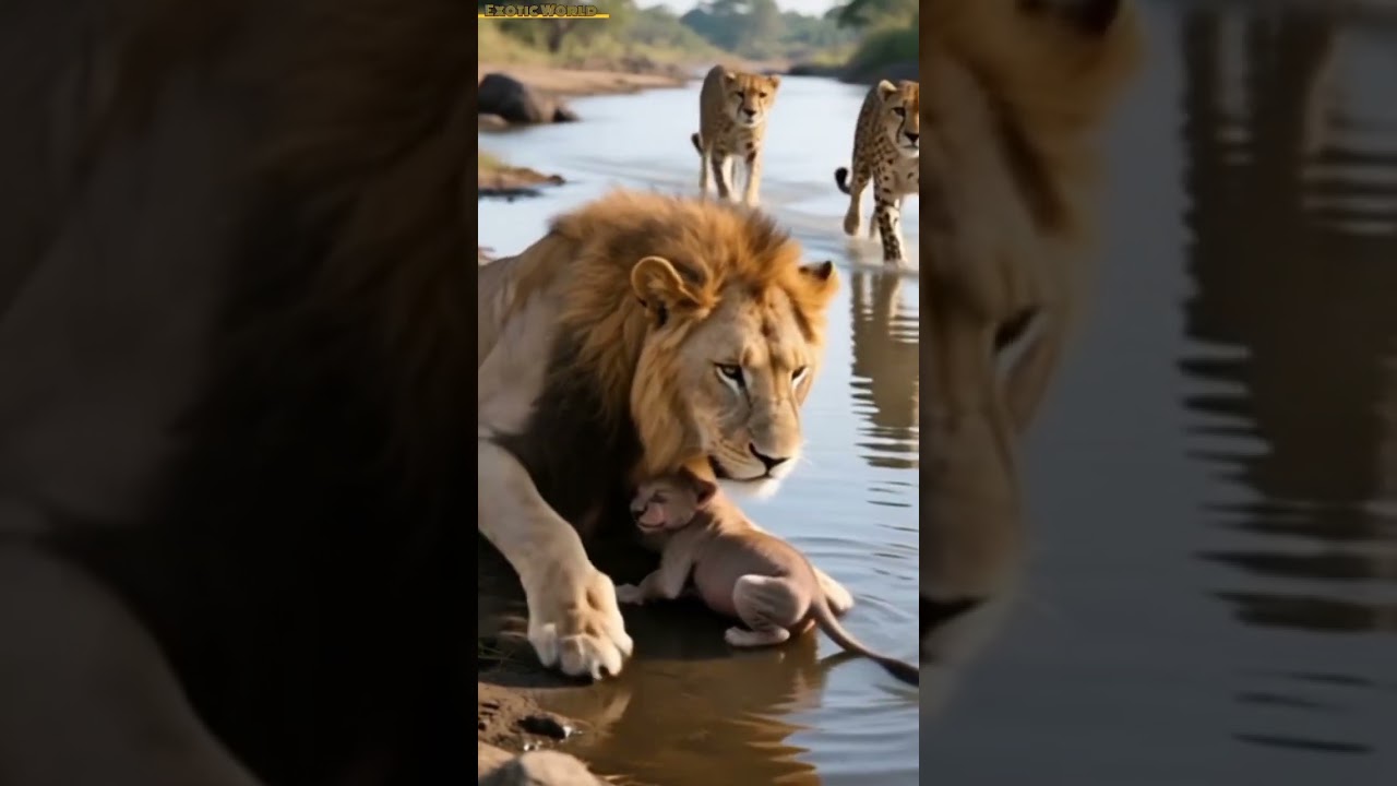 Lion Protects a Mysterious Newborn on the Riverbank… While Cheetahs Close In! 🦁👶🐆