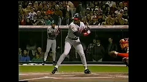 Fred McGriff hits an RBI single off Charles Nagy, ...
