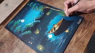 Moonlight Night Scenery Acrylic Painting for Beginners | StepbyStep Tutorial | Khushbu Adeshara