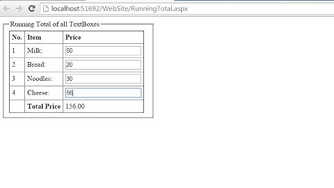 Asp.Net and jQuery to calculate Running Total of  Textbox values and show in Label or TextBox contro