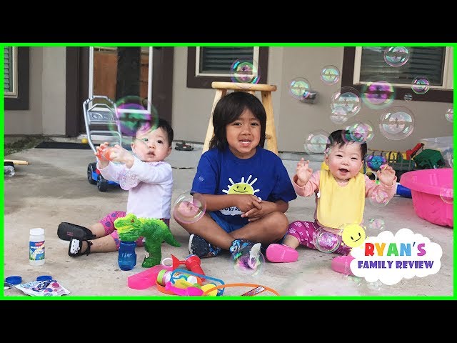 Twin Babies First time Playing with Family Fun Giant Bubble Toys! class=