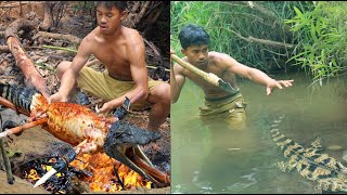 Amazing Man Catching Big Crocodile in Forest - Cooking Big Crocodile And Eating delicious