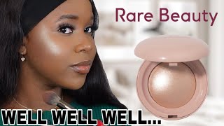 RARE BEAUTY SILKY TOUCH HIGHLIGHTER FLAUNT & EXHILARATE ON DARK SKIN REVIEW & SWATCHES FT ANA LUISA