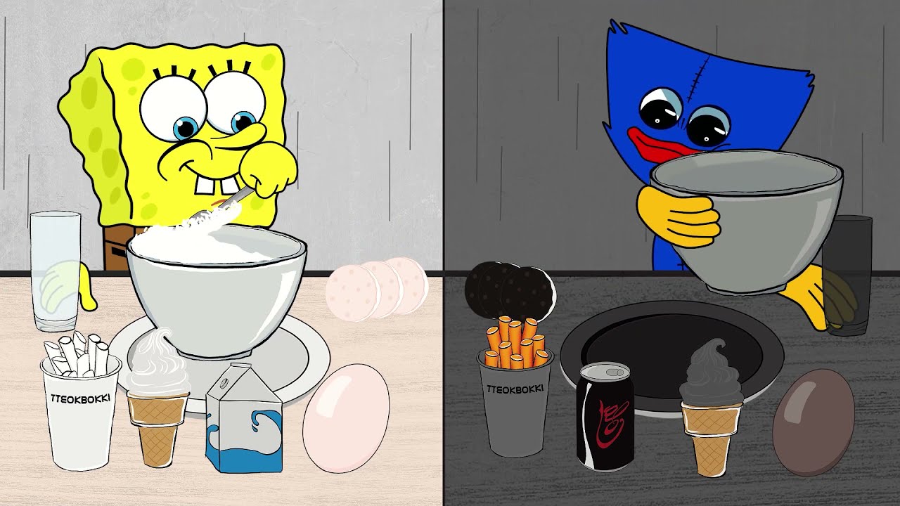 MUKBANG BLACK vs WHITE FOOD! HUGGY vs SPONGEBOB EATING CHALLENGE