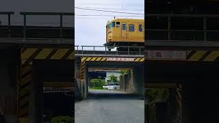 山陽本線　普通岡山行3両編成　黄色い電車111系　桁上を通過