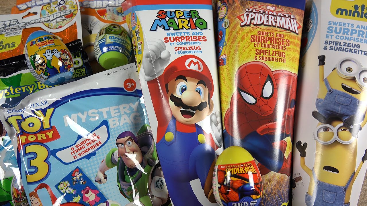 SCHOOL CANDY CONE - Toy Story Minions Ben 10 Super Mario Monster Ink  Spider-Man Surprise Eggs Bag 