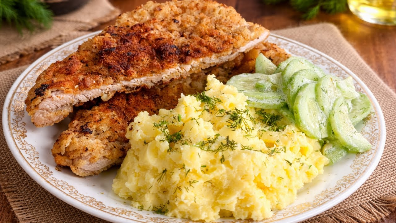 Сочная отбивная с хрустящей корочкой, картошкой и огуречным салатом| Простой рецепт обеда