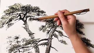 How to paint Pine trees - Ink wash painting