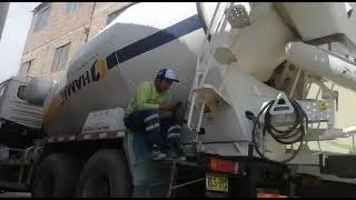 mixer truck and a stationary pump working together