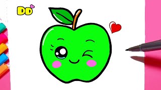 How to draw cute GREEN APPLE kawaii | Fruit drawing step by step ❤ Drawing to Draw