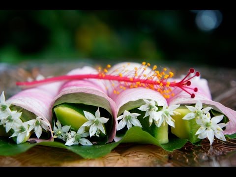Dainty Hors d'Oeuvres: Avocado & Herbs Wrapped in Pink Hibiscus Petals: Edible Flower Recipe
